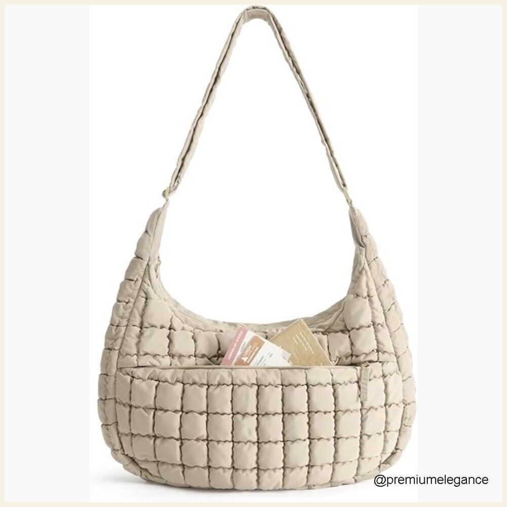 Large Quilted Crossbody Hobo Bag with Laptop Sleeve, Adjustable Strap
